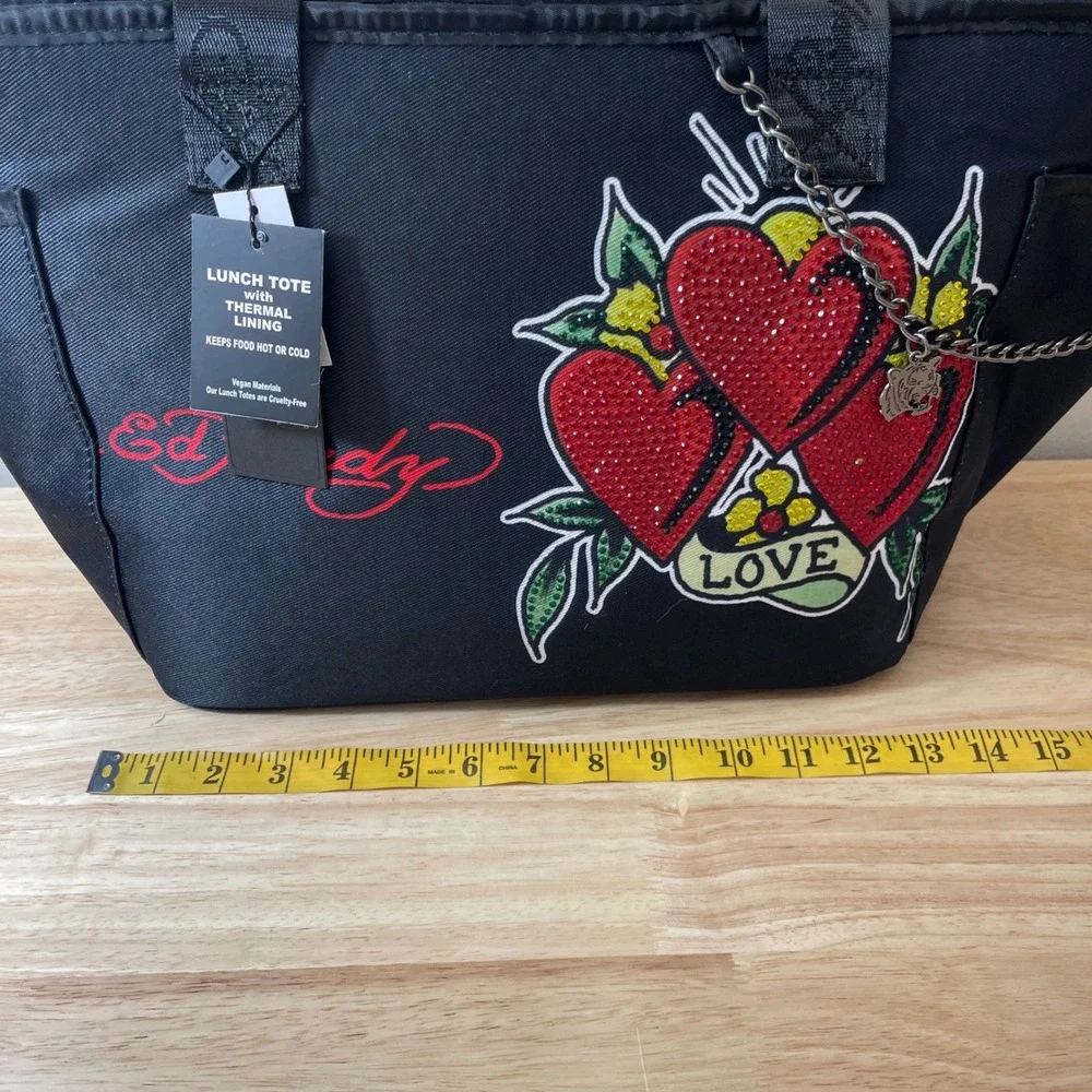 Ed Hardy Love Hearts Rhinestone‎ Insulated Lunch Tote Bag Black Vegan New